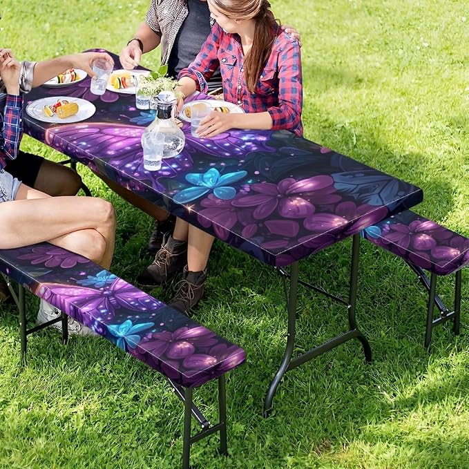 Butterfly Picnic Table Cover with Bench Covers Camping Essentials Outdoor Table and Chairs Decorative Sets Flexible Picnic Table 3 Piece Set Suitable for BBQ Picnic Party Camping