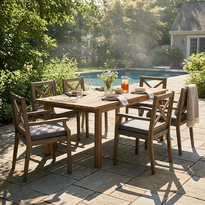 7-Piece Outdoor Patio Expandable Dining Table Set, All-Weather Acacia Wood Dinning Set with 6 Armchair and Cushions for Garden Backyard Balcony Deck Poolside (Grey Cushions+Teak)