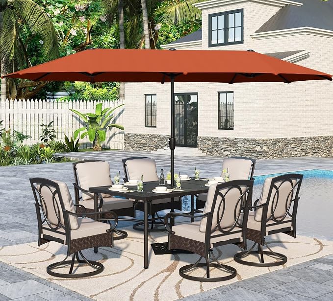 Sophia & William Patio Set with Umbrella 8 Piece Outdoor Dining Set for 6 with 13ft Double-Sided Patio Red Umbrella, 6 x Swivel Patio Chairs, 1 Rectangular Dining Table for Lawn Garden