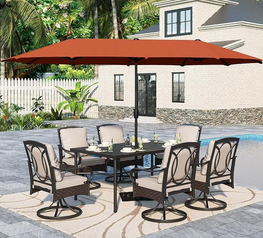 Sophia & William Patio Set with Umbrella 8 Piece Outdoor Dining Set for 6 with 13ft Double-Sided Patio Red Umbrella, 6 x Swivel Patio Chairs, 1 Rectangular Dining Table for Lawn Garden