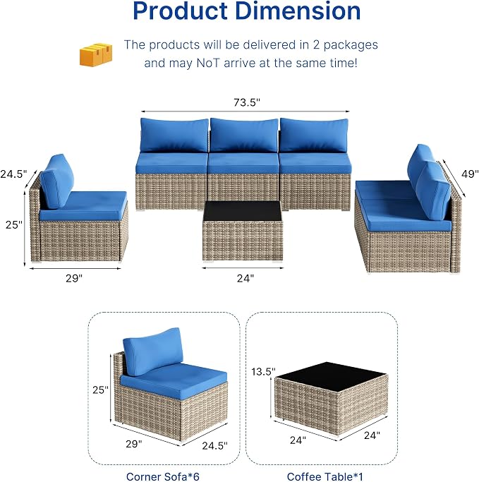 Tradare 7 Piece Patio Furniture Set, Outdoor Wicker Patio Sofa Set, PE Rattan Sectional Couch with Glass Table and Blue Cushions, All-Weather 7 Piece Outdoor Patio Furniture Sets, Grey