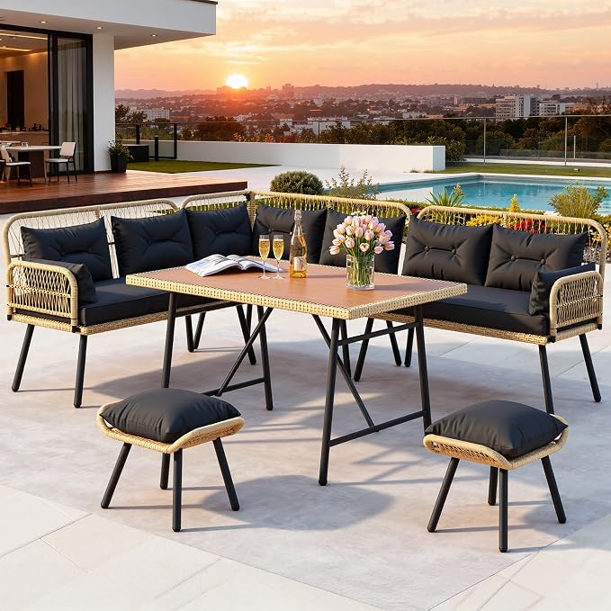 DWVO 9-Piece Patio Furniture Set Couch L Shape Outdoor Couch with Soft Cushions, Ottomans & Dining Table All-Weather Rattan Patio Conversation Set Outdoor Patio Sectional for Backyard Garden