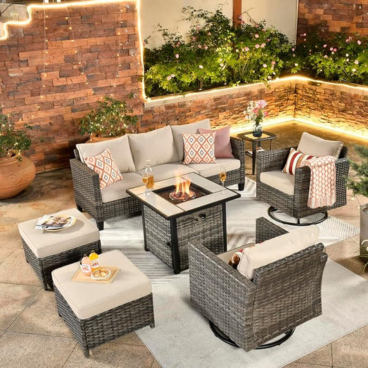 ovios 7 Pieces Patio Furniture Set with Square Fire Pit Table, Swivel Rocking Chairs, Outdoor High Back Wicker Rattan Conversation Set for Deck Porch, Beige