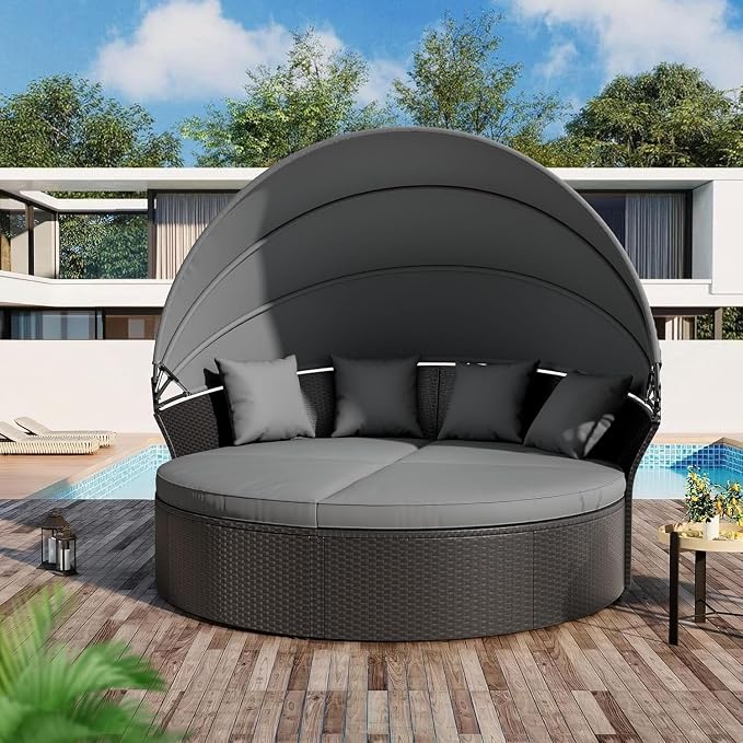 Patio Round Daybed with Canopy, Outdoor Wicker Rattan Sectional Sofa Set with Cushions, Patio Conversation Set for Backyard, Porch, Pool (Black)