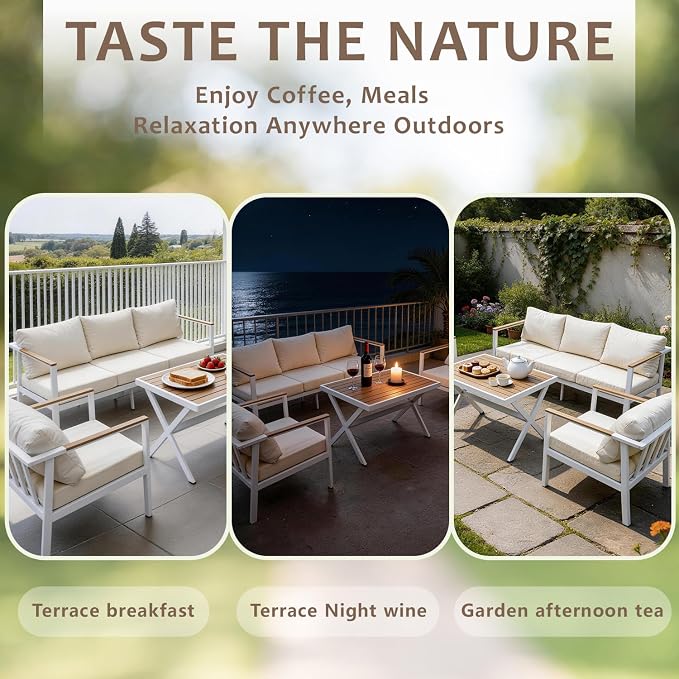 Aluminum Patio Sectional Furniture Set,4 piece Patio Conversation Sets Outdoor Patio Furniture Set Sofa with Coffee Table & Washable Cushions White
