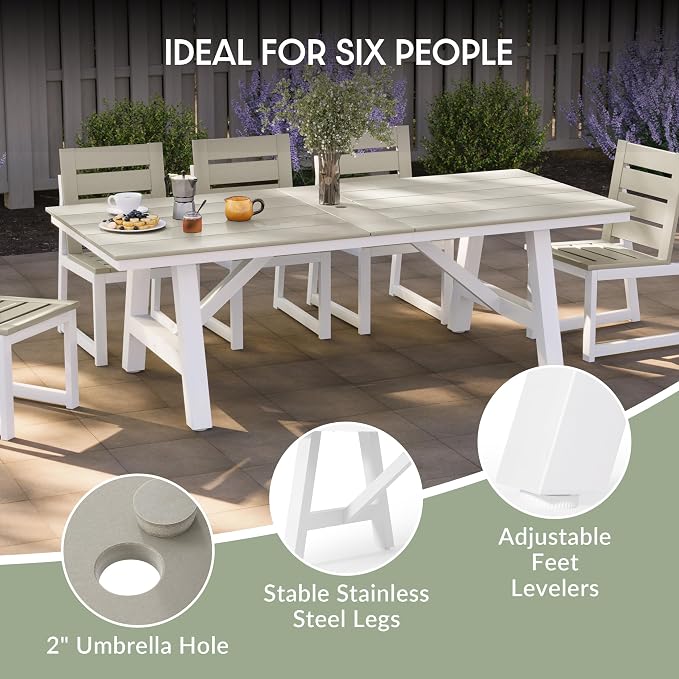 WestinTrends Cape May 90" HDPE Rectangle Outdoor Patio Dining Table with Umbrella Hole and Metal Frame, Sand