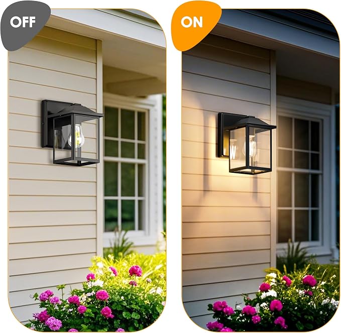 MATAMEYE Outdoor Wall Light Fixture, Exterior Waterproof Porch Lighting | Black Patio Wall Lantern, Anti-Rust, Clear Glass, E26 Socket, Wall Mount Sconce Lighting, Outside Front Door Light Entryway