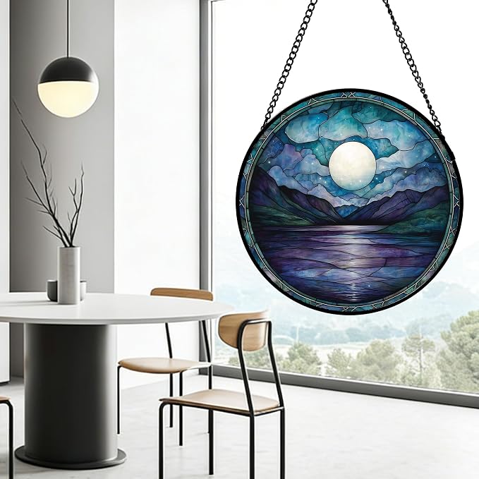 DASTOLL Stained Glass Window Hanging, Blue Night Moon Lake Sun Catchers Colorful Glass Panel Landscape Suncatcher Decor for Birthday for Women, Men, Wife, Aunt, and Mom 7.8 in