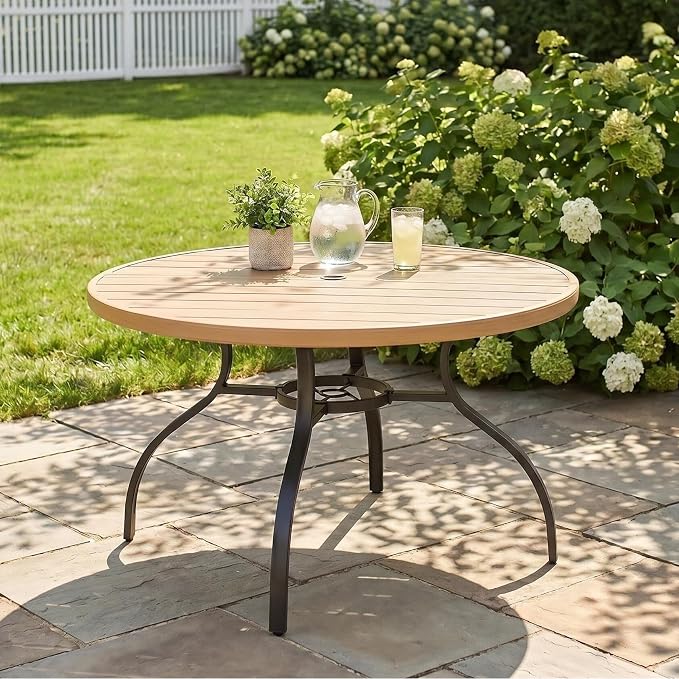 47” Round Outdoor Dining Table for 6,Metal Patio Dining Table with Adjustable Umbrella Hole,All-Weather Brown Outdoor Patio Table for Porch, Garden, Backyard, Poolside, Lawn