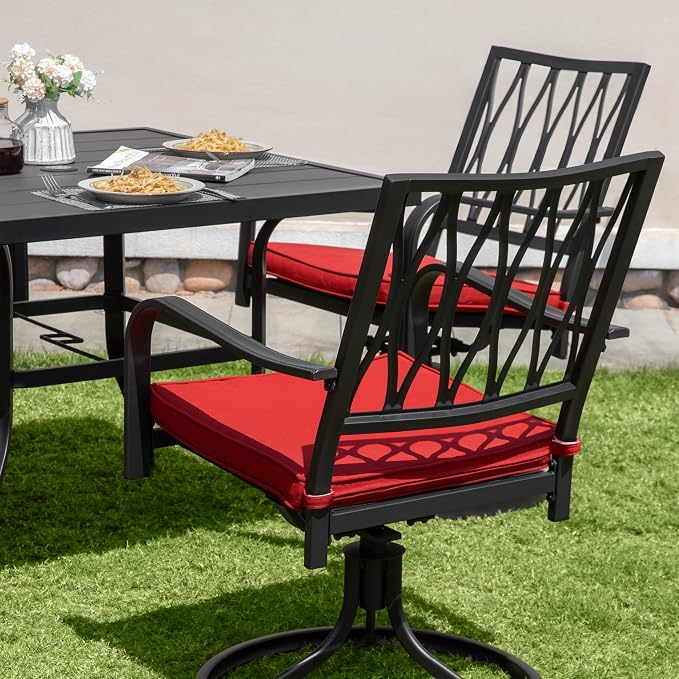 NUU GARDEN 5 Piece Outdoor Dining Set, Outdoor Furniture Set for Square Iron Umbrella Dining Table and 4 Cushioned Swivel Chairs, Black and Red Cushion