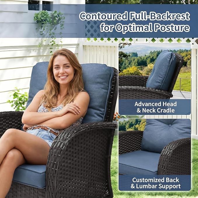 SHGJ&SOFT 3 Piece Patio Furniture Set, 2 Outdoor Swivel Rocking Chairs with Side Table, Wicker Glider Chairs, All-Weather Rattan Bistro Set for Porch, Deck, Pool (Blue, Grey Full-Weave Rattan)