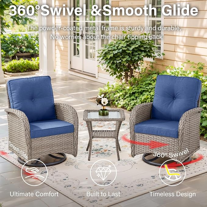 Belord 5 Pieces Patio Furniture Set with 30” Propane Fire Pit Table, Deep Seating Swivel Rocker Glider Outdoor Chairs Set of 4 with Side Table Set of 2 Patio Conversation Set Gray Wicker