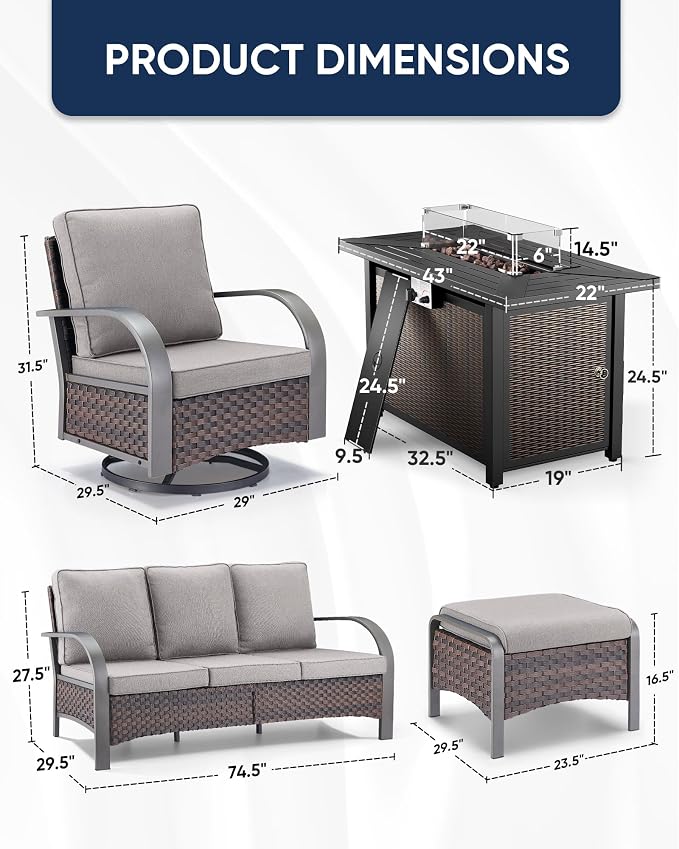 HUMMUH Patio Conversation Sets with Fire Pit-All Weather Wicker Outdoor Swivel Chair with Patio Couch Outdoor Patio Furniture for Deck Porch Garden Poolside Backyard-Brown/Grey