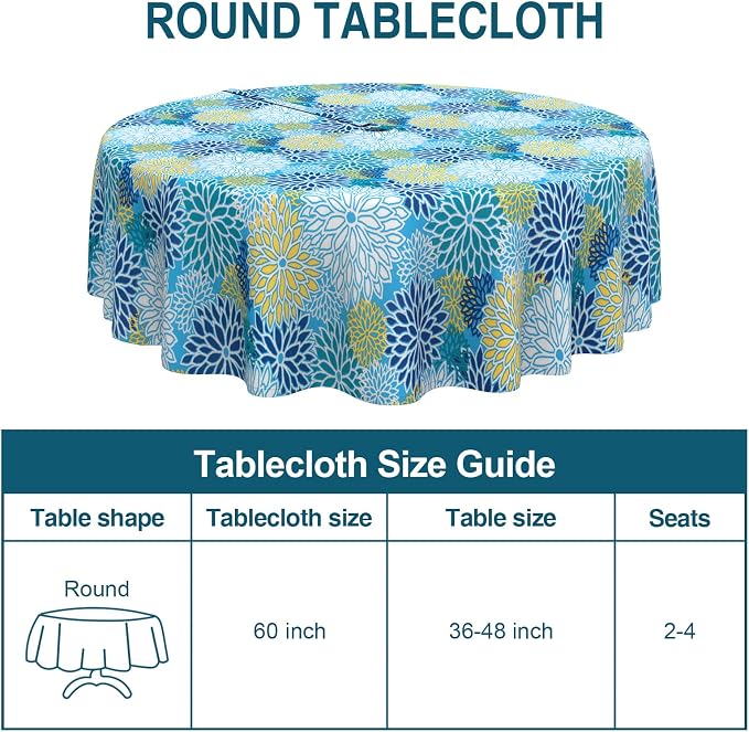 DYTXIII Outdoor Round Tablecloth with Umbrella Hole 60 Inch, Water Repellent & Fade Resistant Table Cover, All Weather Outdoor Tablecloth for Garden & Party Table, Dahlia Blue