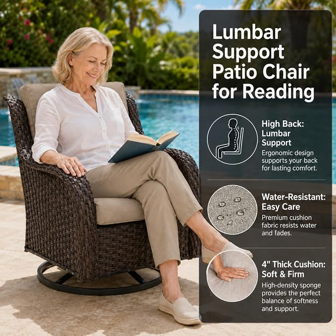 HUMMUH Outdoor Swivel Rocker Wicker Patio Chairs High Back PE Rattan Glider Chairs 4PCS Patio Furniture Set(Brown,Grey)