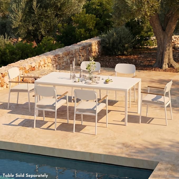 Modern Shade Lusso Outdoor Dining Chairs Set of 6, Fade Resistant, All-Aluminum Outdoor Chairs with FSC Teak Wood Armrests, Weather-Resistant Patio Chair with Quick Dry Cushion, White