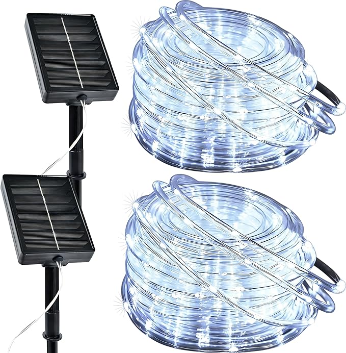 Solar Rope Lights Outdoor, 2 Packs Total 144FT 400LED Solar String Lights with 8 Lighting Modes, Waterproof Solar Powered Fairy Lights for Party Garden Yard Home Holiday Tree Decoration, Pure White