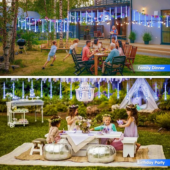 JMEXSUSS Blue and White Solar Meteor Shower Rain Lights | 8 Tube 144 LED Solar Christmas Lights for Party Holiday Yard Patio Decorations