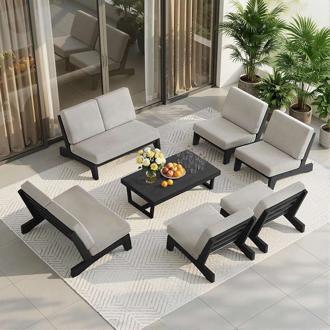 7 Pieces All Weather Black Wood Patio Furniture Sets, 2 Patio Loveseat, 4 Patio Bistro Chair, Outdoor Sectional Sofa Furniture Backyard Conversation Set with Coffee Table - Light Camel