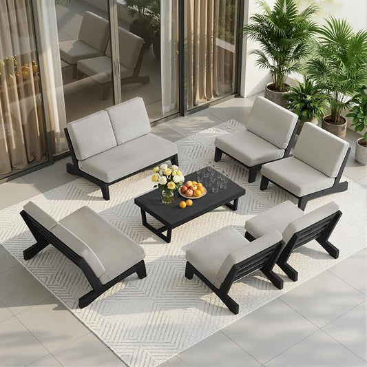 7 Pieces All Weather Black Wood Patio Furniture Sets, 2 Patio Loveseat, 4 Patio Bistro Chair, Outdoor Sectional Sofa Furniture Backyard Conversation Set with Coffee Table - Light Camel