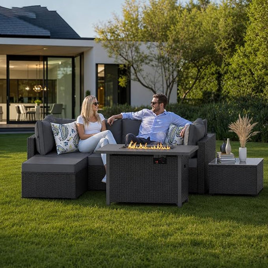 5 Piece Patio Furniture Sets, Outdoor Patio Set Sectional Sofa, All-Weather PE Rattan Couch with Cushion, Glass Table for Gatherings, Parties, Sports Viewing (Gray, 6-Piece Fire Pit Table Set)