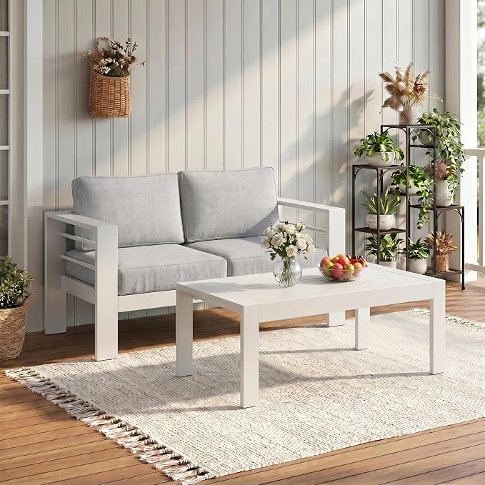 Solaste Aluminum Outdoor Loveseat with Coffee Table,2 PCS Patio Furniture Set with Cushions, All-Weather Outdoor Patio Sofa Sets for Balcony, Deck, Backyard, Porch, Garden, White
