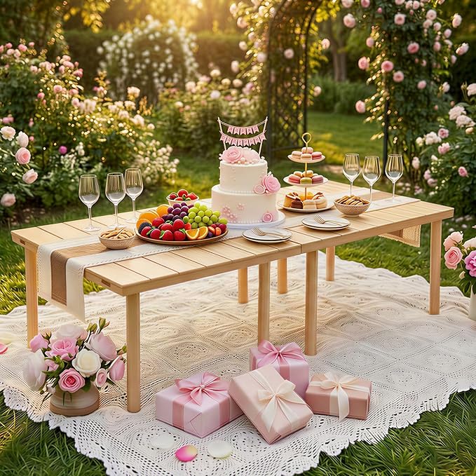60" x 30" Boho Low Picnic Table, Portable Wooden Folding Picnic Table with Table Runner for Camping, Beach, Garden, Picnic, Party, Indoor & Outdoor Use, Seats 6-8 People, 8-Leg Design