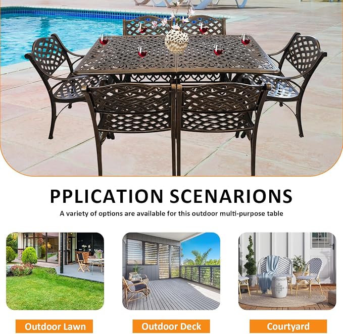 Outdoor Dining Table for 4-6 Person, 58.66" Cast Aluminum Patio Table with 2.56" Umbrella Hole, Outdoor Bistro Table for Backyard, Garden, Patio
