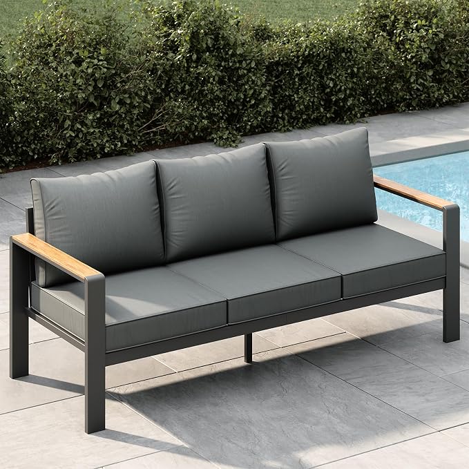 Garvee Aluminum Patio Furniture 1 Pcs 3-Seat Outdoor Furniture, All-Weather Metal Modern Outside Sofa with Washable Thick Cushion for Garden, Balcony, Deck, Backyard, Dark Grey