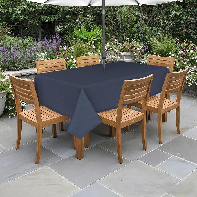 DYTXIII Outdoor Rectangle Tablecloth with Umbrella Hole and Zipper 84" x 60", Water Repellent Floral Picnic Cover, Fade & Wrinkle Resistant Tablecloth for Patio/Garden/Party Table, Textured Navy