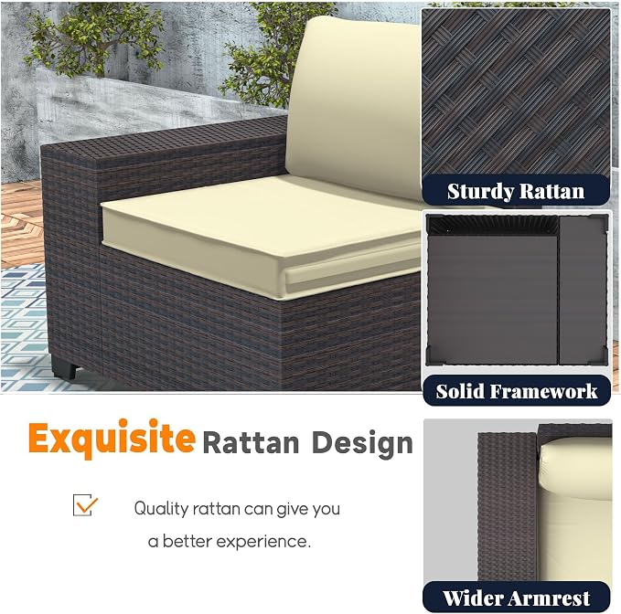 Patio Furniture Set 7 Pieces Outdoor Furniture Patio Conversation Set w/43in Aluminum Gas Fire Pit,PE Rattan Wicker 7 Pcs Outdoor Sofa Set w/55000 BTU Propane Fire Pit Table,Cream