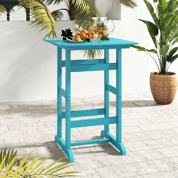Giantex 42" Height Outdoor Tall Bar Table, HDPE Square Pub Table with Wood Grains, Cocktail High Top Tables for Adirondack Chairs, Patio, Bistro, Garden, Poolside, Yard, Balcony, Turquoise