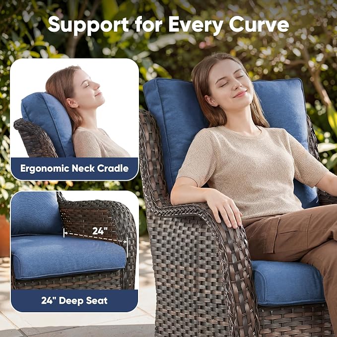 Belord 7 Piece Wicker Patio Furniture Set, Outdoor Swivel Rocker Chairs Set of 2 with Ottomans, 3 Seat Sofa and Loveseat, All Weather Patio Conversation Furniture Set, for Pool,Yard Brown Wicker/Blue