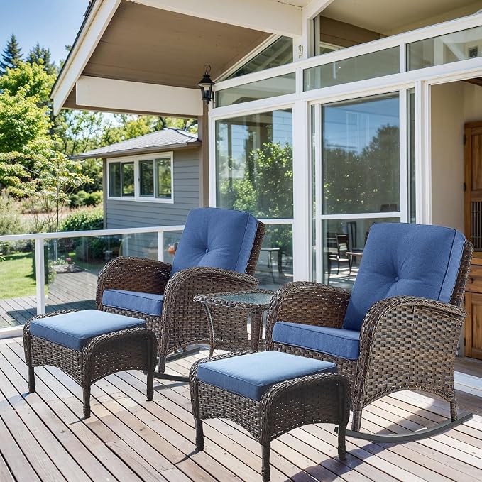 HUMMUH 5 Pieces Wicker Patio Furniture Set,Outdoor Rocker Chairs,Patio Ottomans,Glass Top Side Table,Outdoor Conversation Set for Porch Deck Backyard Poolside