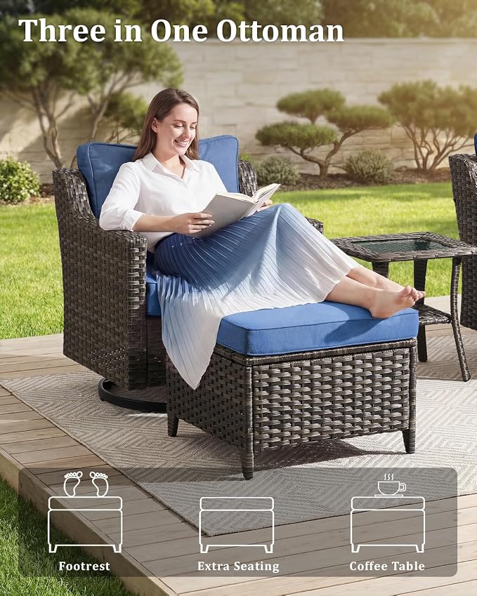 Outdoor Furniture Set of 6, Patio Sofa with Luxury 4" Cushion, Wicker Swivel Rocker Patio Chairs, and Fire Pit Table, High Back&Deep Seat for Garden Deck Porch Balcony Backyard - Blue