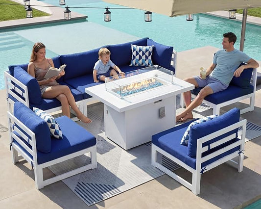 NICESOUL 6 Seat Oversized Modern Aluminum Patio Furniture Set, All Weather Rust Proof Modular Sectional Sofa with Fire Pit Table, 500 lbs Heavy Duty Comfy Outdoor Couch for Garden Backyard, Navy Blue