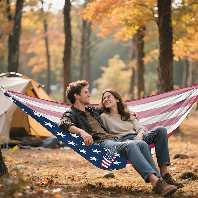 American Flag Camping Hammock, Portable Lightweight Single Hammock with Tree Straps and Aluminum Carabiners, 114" x 54" Travel Hammock for Hiking Backpacking Beach