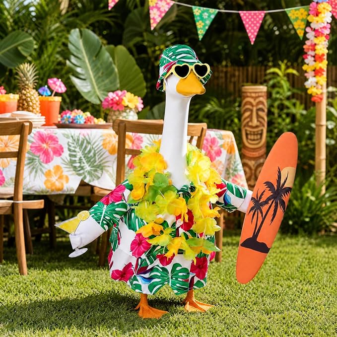 Porch Goose Hawaiian Outfit with Hat, Sunglasses & Lei, Summer Yard Decor | Fits 23 Inch Goose, Includes Tropical Shirt, Drink, Surfboard & Lei,Summer Goose Outfit for Pool Party, Lawn Garden Decor