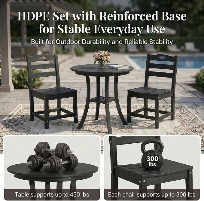 Black 3-Piece HDPE Outdoor Patio Bistro Set with Round Table and 2 Chairs