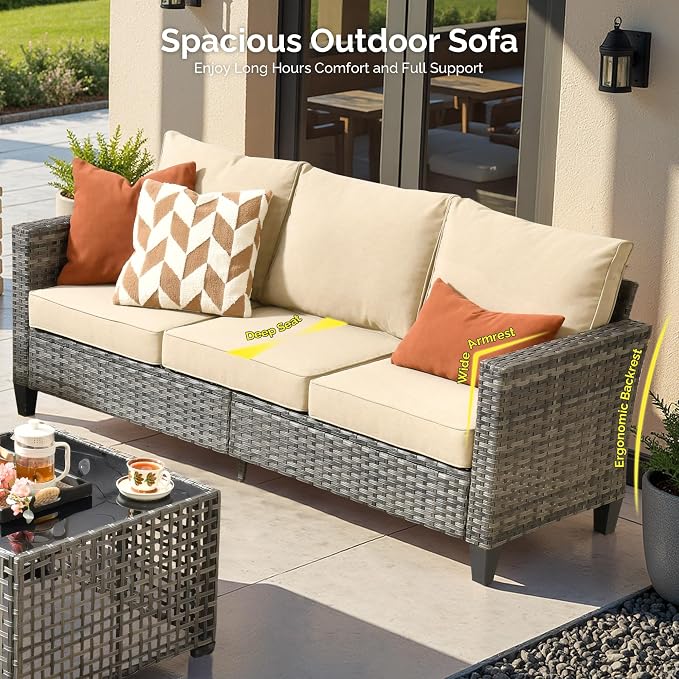 7 Piece Wicker Patio Furniture Set with Firepit Table, Beige | Outdoor Deep Seating Sofa Chair Ottoman, Firepit, Solar Lights Table, Modern Conversation Set, Porch Deck Backyard