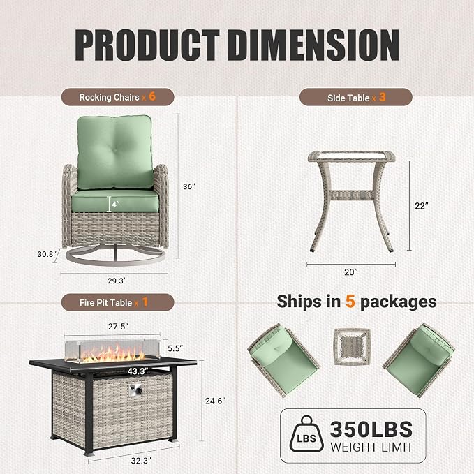 10Pcs Patio Rocking Swivel Chair with 55,000 BTU Fire Pit Table Outdoor Wicker Rattan Bistro Set with Tempered Glass Side Table, Patio Furniture Set for Garden and Balcony, Light Green