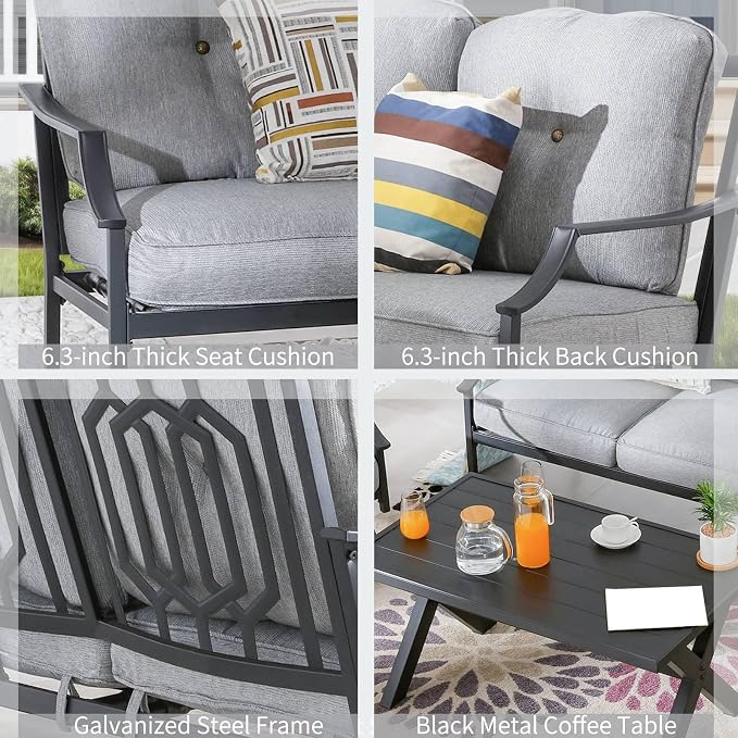 Patio Conversation Set 4 Pieces Metal Outdoor Furniture Sets Outside 3-Seat Sofa with Rocking Chairs Coffee Table (Grey)