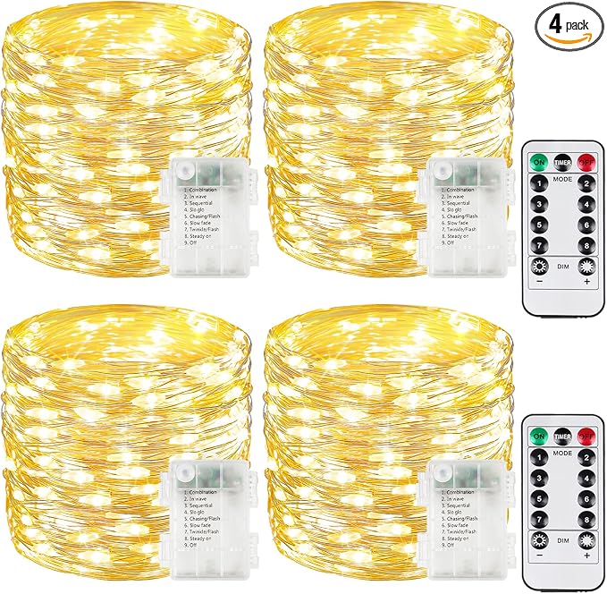 4 Pack 100 LED Fairy Lights Battery Operated with Remote, 33 FT Warm White | Cuttable, 8 Modes, Memory, Dimmable, Waterproof Battery String Lights with Timer for Indoor Outdoor, Christmas Decorations