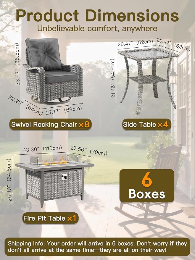 13-Piece Outdoor Conversation Set with 43" Fire Pit Table, 8 Swivel Rocking Chairs (4" Cushions) & 4 Side Tables, All-Weather PE Rattan & Steel Frame for Deck, Backyard, Charcoal Gray