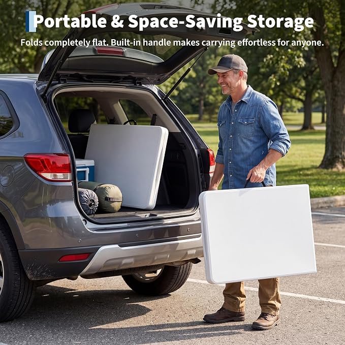 Garvee 6FT Portable Folding Table 2 Pack, HDPE Plastic Foldable Table with Carry Handle for Camping, Parties, Picnic & Events Indoor Outdoor, White