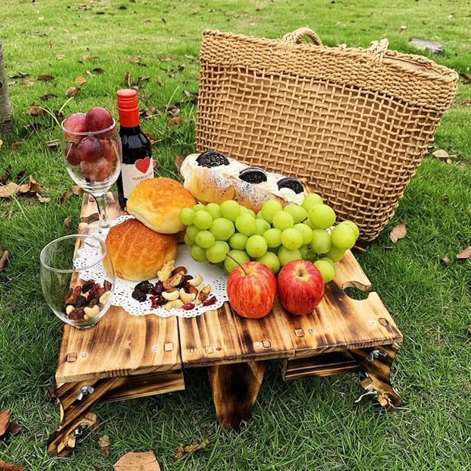 Wooden Folding Picnic Table with Storage Basket - 2-in-1 Portable Outdoor Table with Wine Glass Holder, Ideal for Champagne, Snacks and Beach or Park Picnics (Vintage)