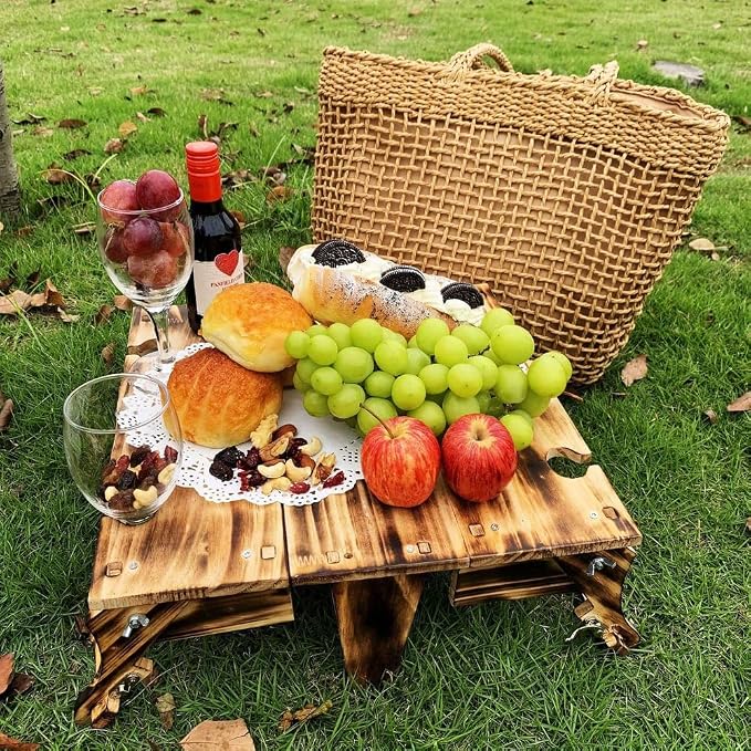 Portable Wooden Picnic Table with Wine Glass Holder - Foldable 2-in-1 Outdoor Snack Tray for Cheese & Fruit, Collapsible Camping Table with Integrated Glass Rack