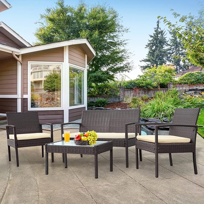 4 Piece Outdoor Patio Furniture Set, Rattan Patio Conversation Set | Thick Polyester Cushions, Tempered Coffee Table, Steel Frame Easy Assembly, Suit for Backyard Porch Poolside Balcony, Beige