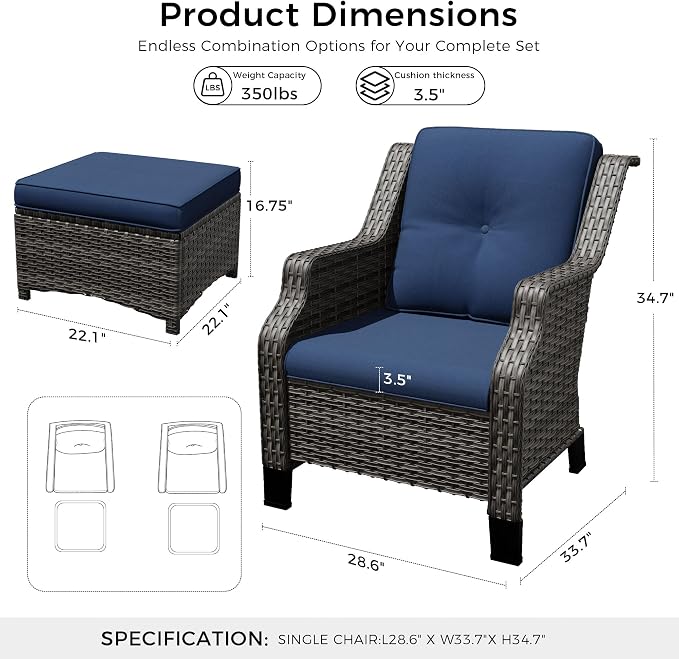 Outdoor Patio Furniture Set, 4 Piece Wicker Patio Furniture with Thick Cushions, Curved Armrest, Deep Seating, Rattan Outdoor Chairs for Porch, Deck, Balcony