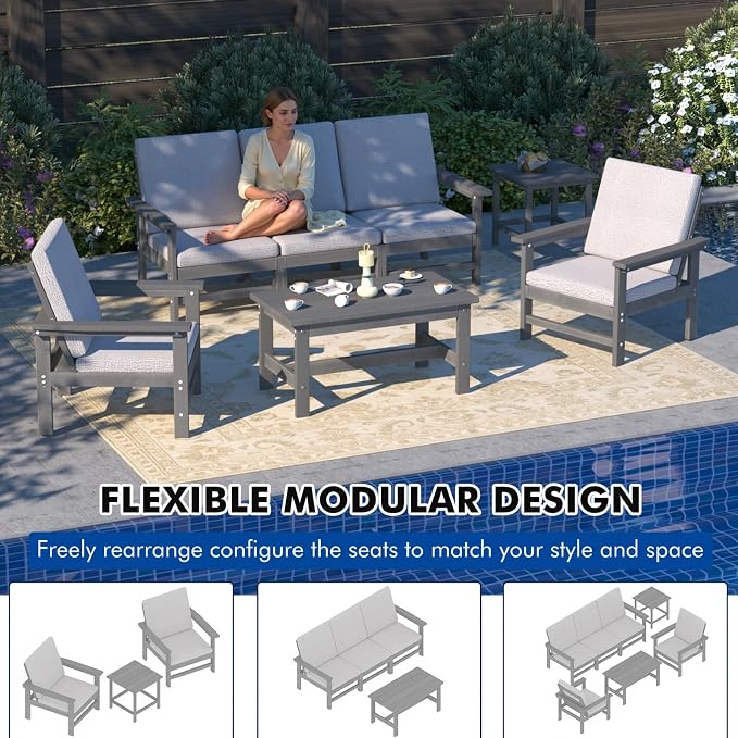 7-Piece HDPE Patio Furniture Set, All-Weather Outdoor Sectional Sofa Set w/Coffee Table+Side Table - Wood-Like Composite Conversation Couch for Deck, Lawn, Balcony - Grey Frame with Cushion
